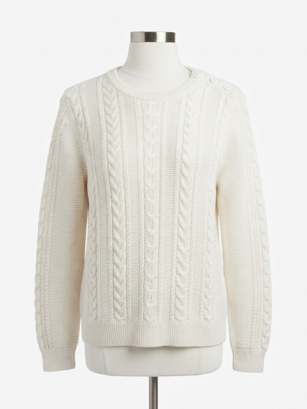 Banana Republic Ivory Cable Knit Crew Sweater Button Shoulder S